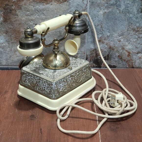 Vintage French Victorian Style Cream & Gold Rotary Dial Cradle Phone Desk Teleph - Picture 12 of 15
